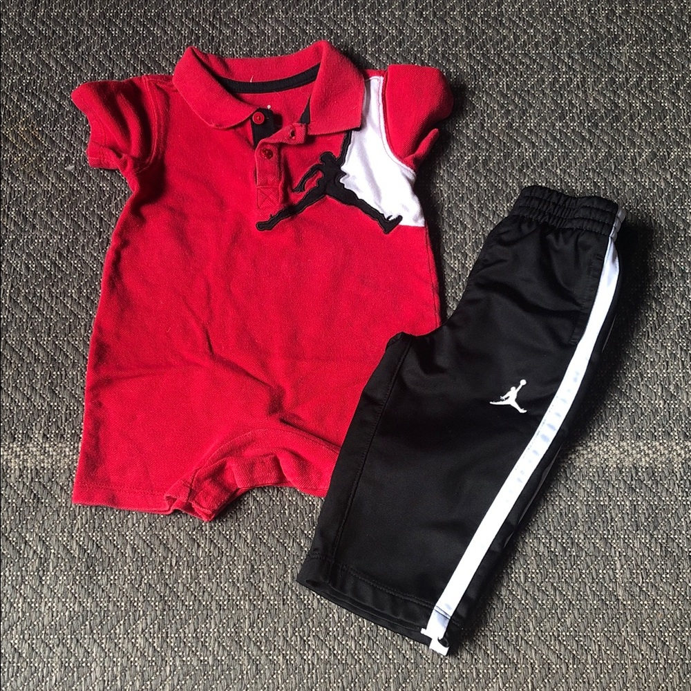 Jordan Red Polo Romper with Black Athletic Pants